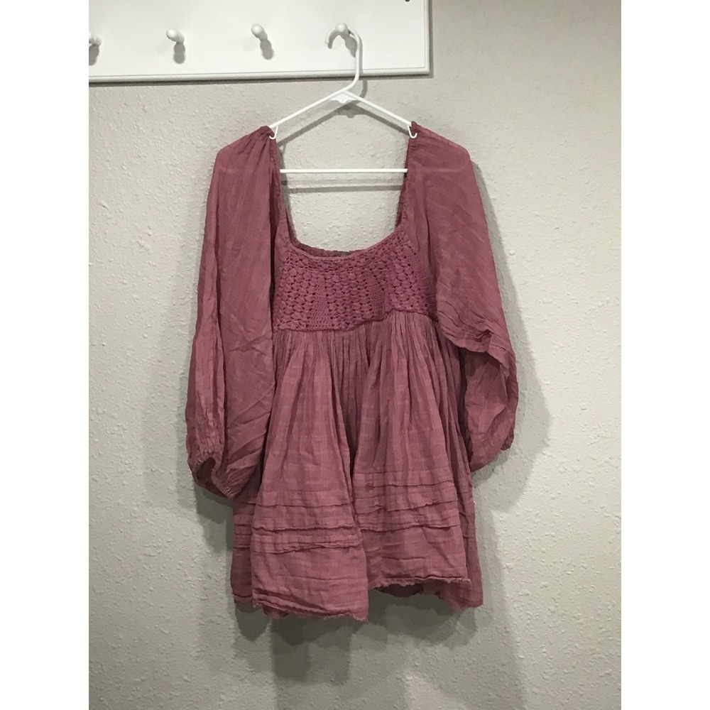 Free People Ari Mini Dress Pink Gauze Crochet Babydoll M Boho Cottage Romantic - Picture 4 of 9